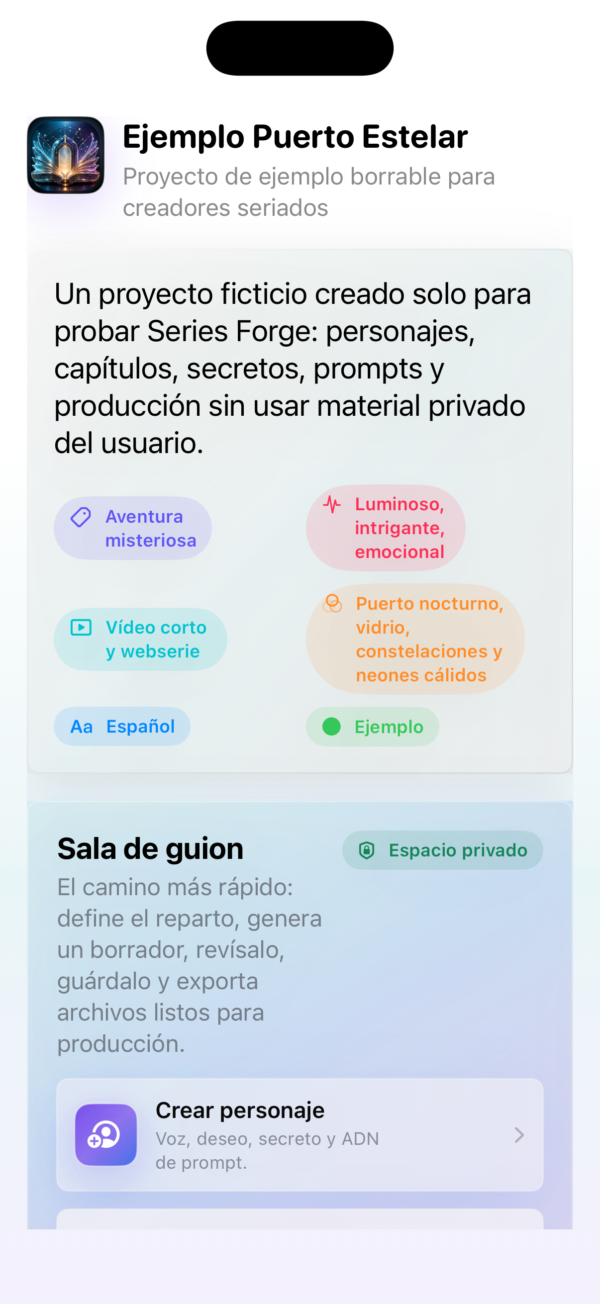Panel de Series Forge en iPhone